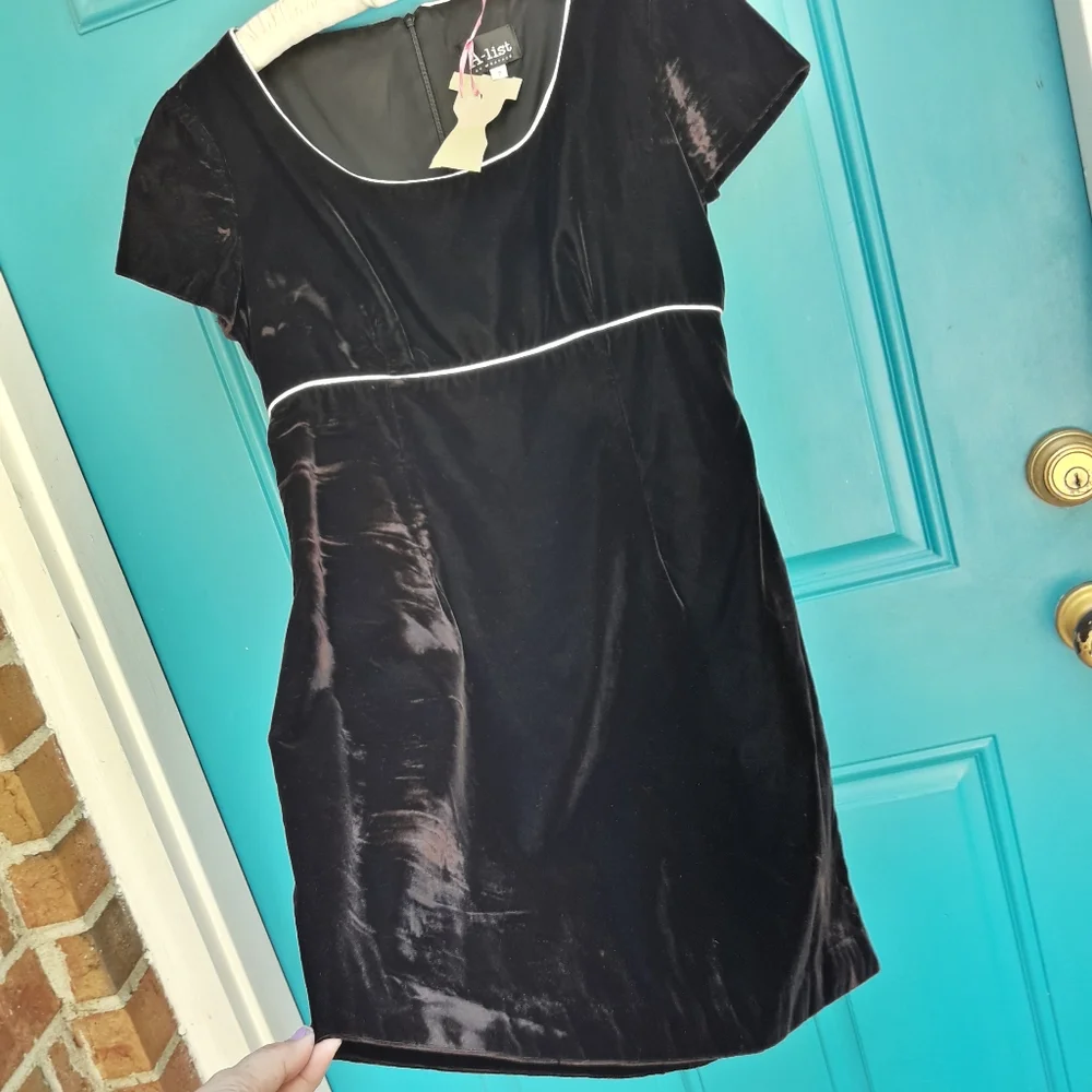 Velvet Dress Vintage Micro Mini Skirt Empire Waist Short Cap Sleeves 90s Retro - Picture 11 of 11